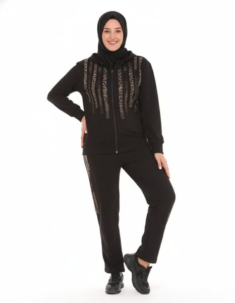 Armina Leopar Taş Detaylı Fermuarlı Rahat Kalıp İkili Takım