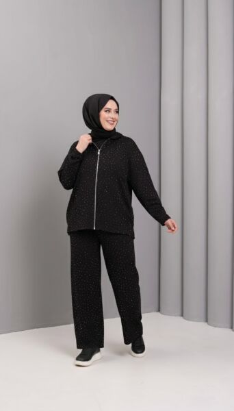 ARLİN TAŞ DETAYLI SALAŞ BÜYÜK BEDEN İKİLİ TAKIM