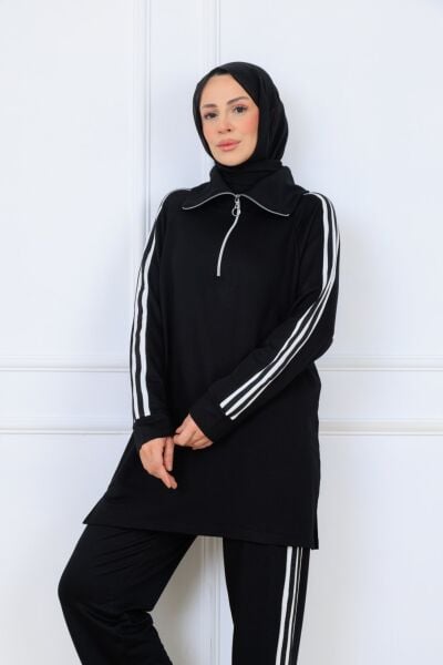 Siyah Arina TakımRahat Kalıp Şerit Detaylı İkili Takım