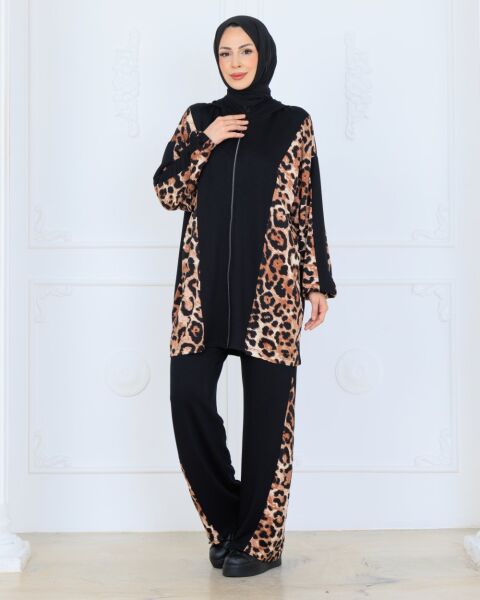 Riva Leopar Detaylı Siyah İkili Takım