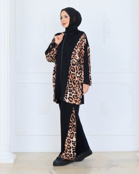 Riva Leopar Detaylı Siyah İkili Takım