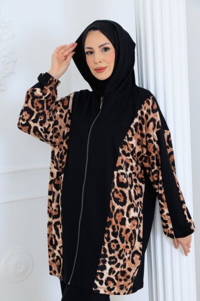 Riva Leopar Detaylı Siyah İkili Takım