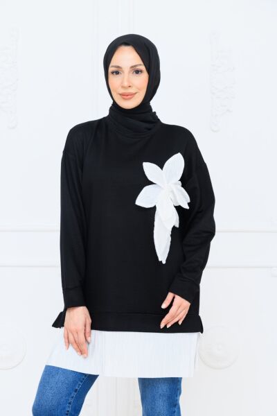 Nilüfer Çiçek Aplikeli Büyük Beden Piliseli Tunik