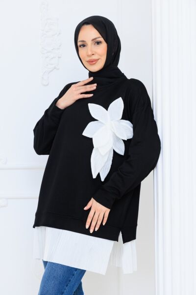 Nilüfer Çiçek Aplikeli Büyük Beden Piliseli Tunik