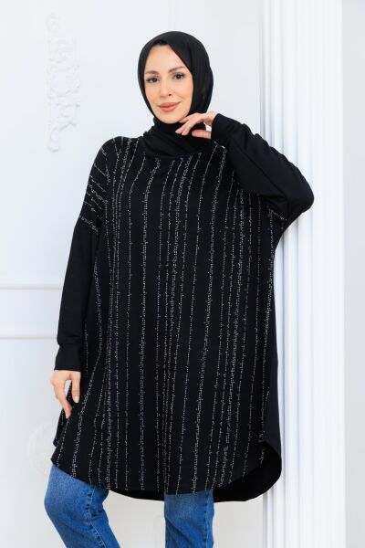 İnci Işıltı Taş Detaylı Salaş Büyük Beden Tunik
