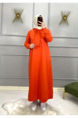 Turuncu Kapüşonlu Tesettür Elbise - Oversize, Cepli, Rahat Günlük Spor Elbise